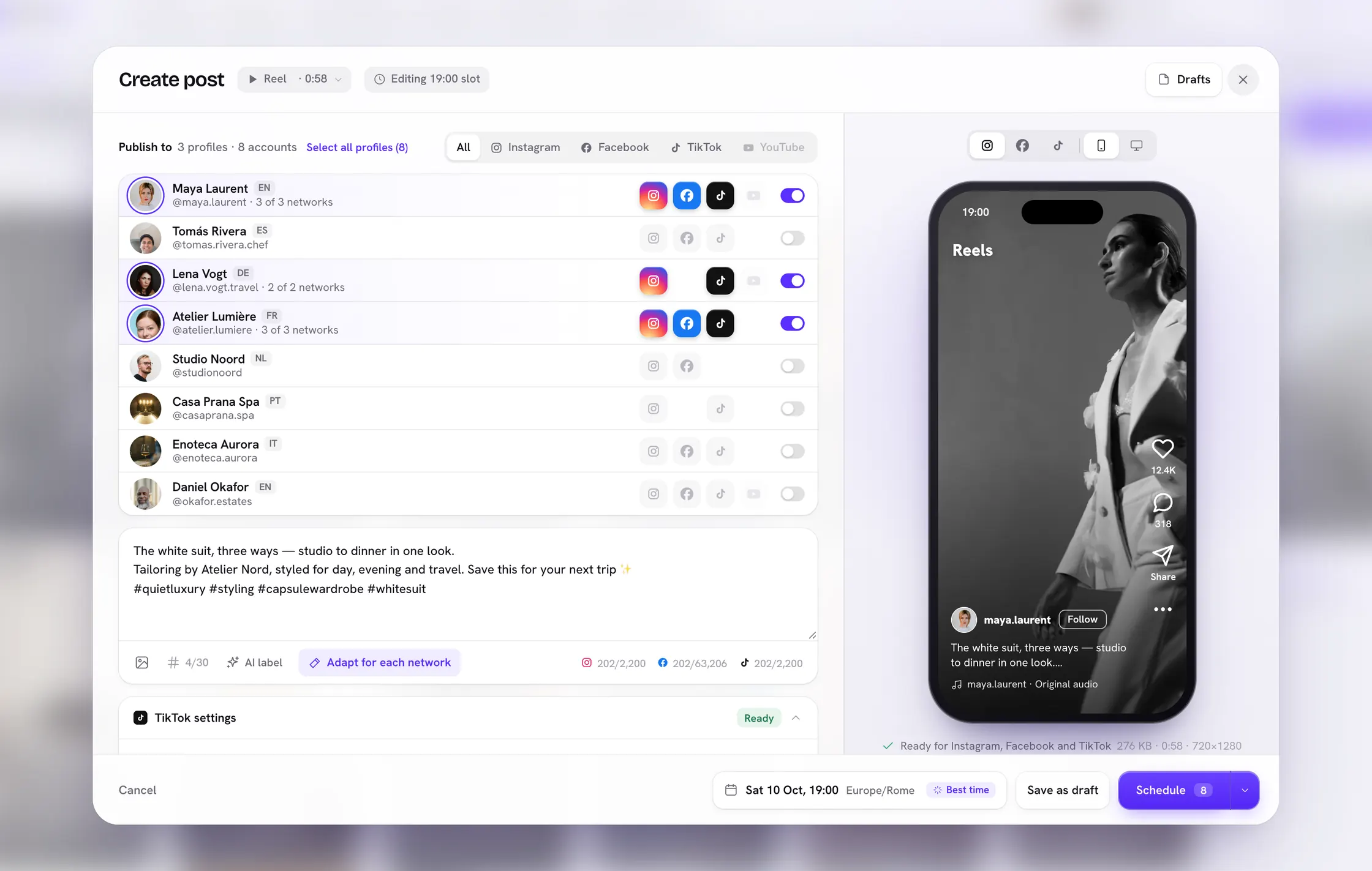Skedeon Create post: one reel going to three profiles on Instagram, Facebook and TikTok, with a phone preview