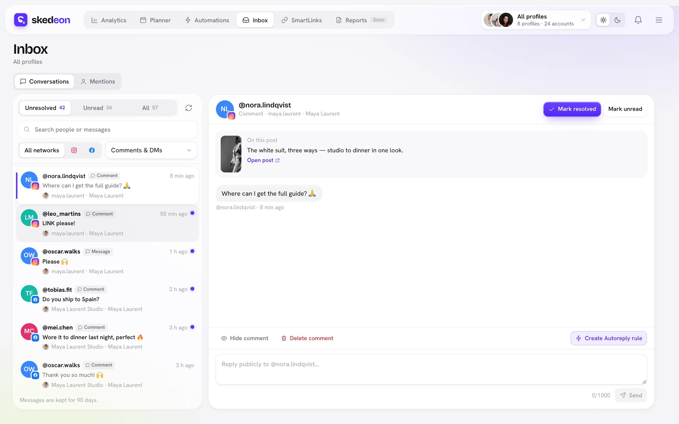 Skedeon Inbox: comments and DMs from all profiles with the open conversation