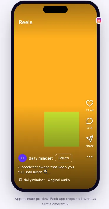Prévia no celular de um Reel dentro do editor do Skedeon